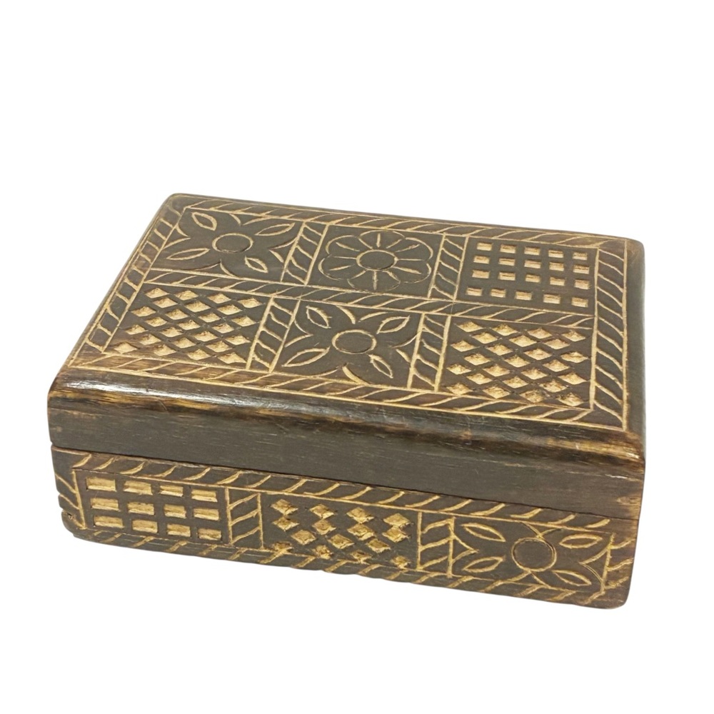 World Market Dark Etched Wood Hinged Jewelry Trinket Boxโ